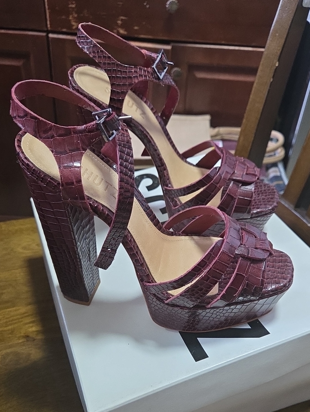 SCHUTZ Burgundy Snake-Embossed Platform Sandals